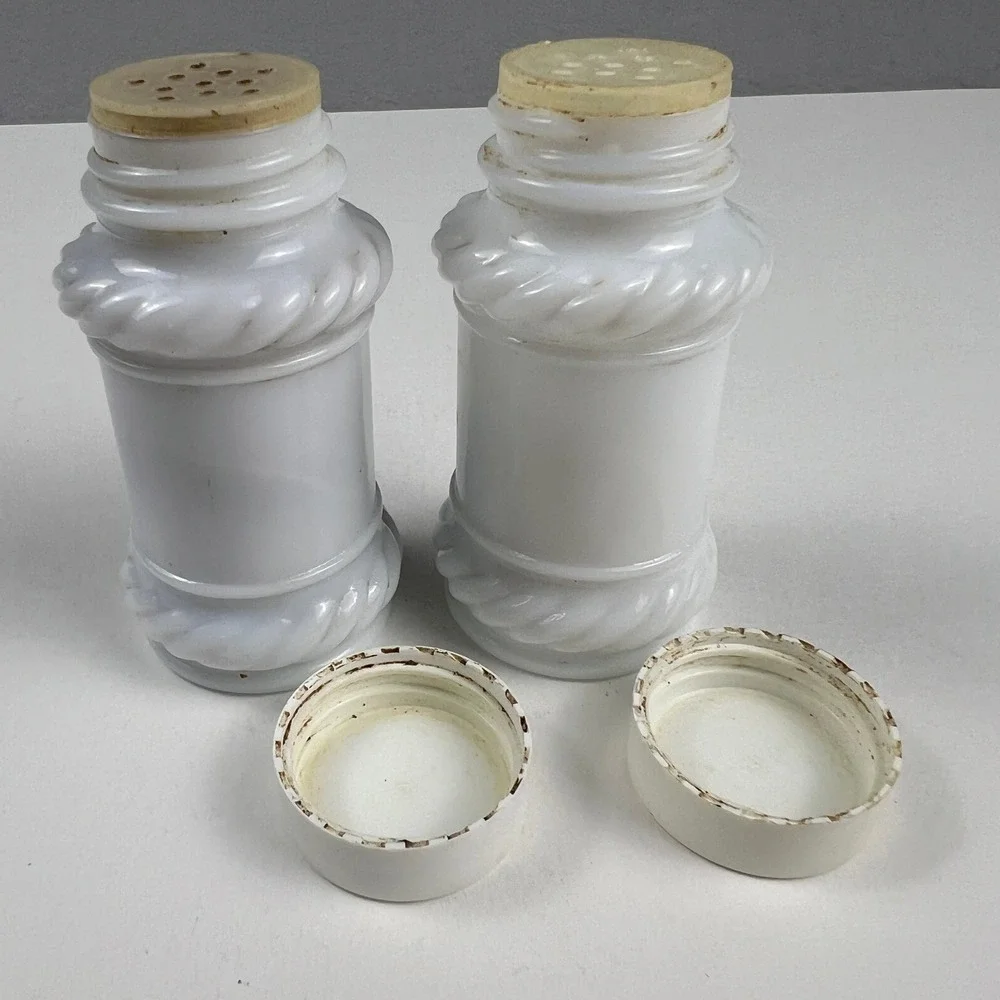 Vintage Milk Glass Salt and Pepper Shakers Set White Rope Twist Farmhouse Decor
